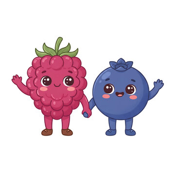 Cute raspberry and blueberry characters holding hands together in a funny cartoon style art