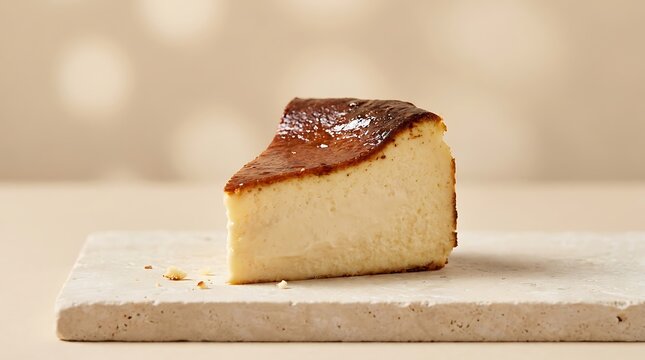 A slice of delicious creamy バスクチーズケーキ on a stone plate, close-up shot of burnt Basque cheesecake