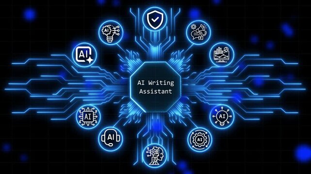 Ai writing assistant  A glowing neon, and manufacturing process management all connected in a digital circuit like pattern. Business, Technology, Internet and network concept.