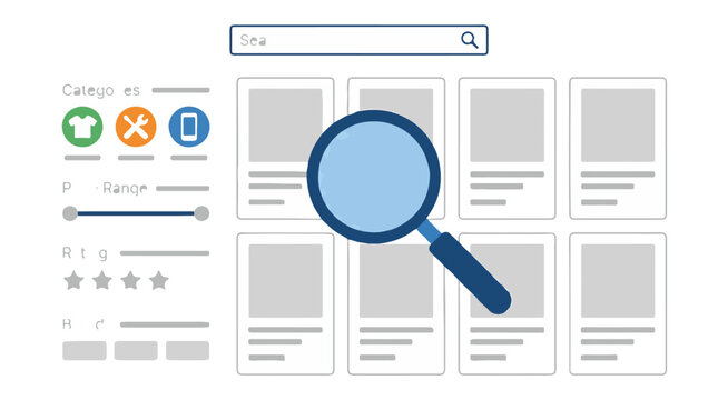 Search Engine Optimization Concept, Magnifying Glass Over Grid, E-commerce Interface Design, Website Search Functionality, Digital Discovery Illustration, Flat Style Vector