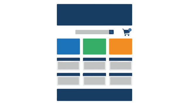 Website template design, e-commerce layout wireframe, online shop interface mockup, blue, green, orange, single page site structure with shopping cart icon