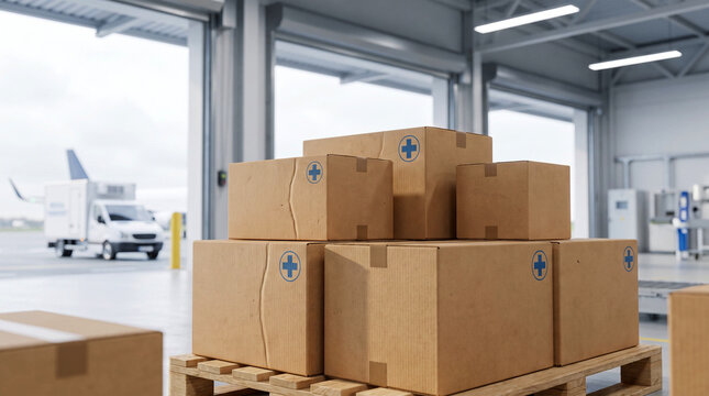 Pharmaceutical medical supply boxes on a pallet inside an airport cargo warehouse