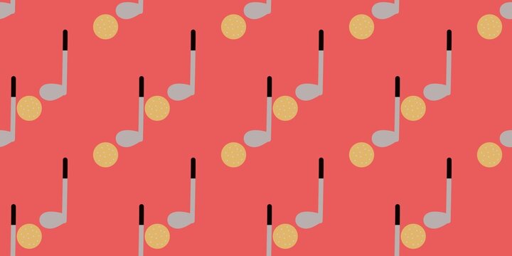Seamless pattern of golf clubs and yellow balls on a red background, ideal for sports wallpapers, textiles, and  illustrations