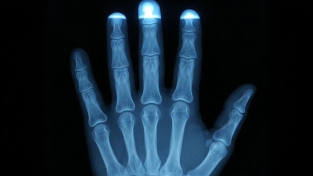 Close up X ray of a human hand showing bones joints and fingers on a dark background