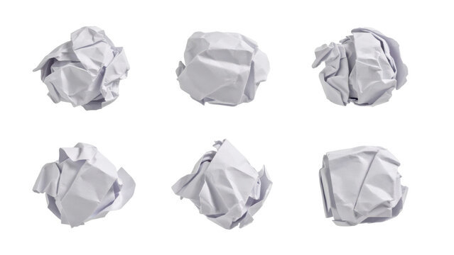 Collection of six crumpled white paper balls arranged in a grid pattern isolated on a transparent background