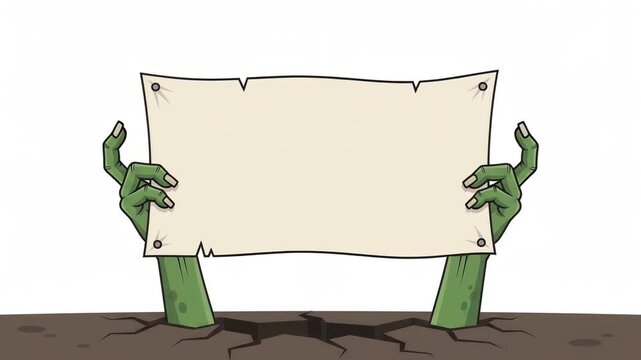 Cartoon Zombie Hands Rising from Cracked Ground Holding Blank Parchment Sign on White Background