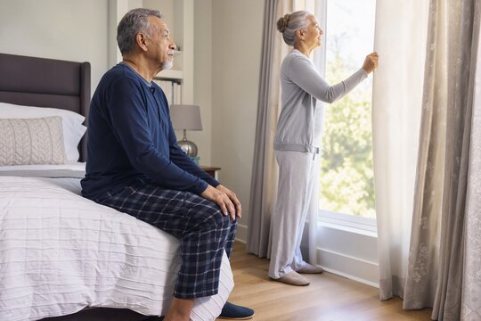 Seniors enjoying morning light with elderly man sitting on bed and woman opening curtains. Morning moment brings warmth and hope for elderly couple as they embrace new day together.