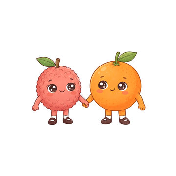 Cute cartoon lychee and orange fruit characters holding hands together as best friends forever