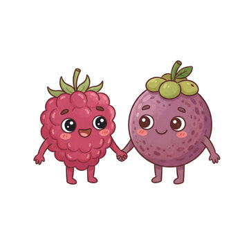 Cute cartoon raspberry and mangosteen characters holding hands together in a friendly style