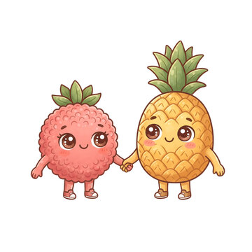 Cute cartoon strawberry and pineapple characters holding hands as best friends in a simple style