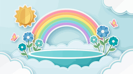 Naklejka premium Whimsical podium floats above clouds beneath vibrant rainbow