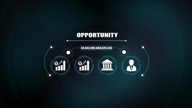 Business opportunity investment growth motion graphic, financial vision strategy concept, bank icon and idea symbol, corporate leader animation.