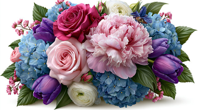 Bouquet of mixed pink and blue flowers with lush green leaves floral arrangement pink roses
