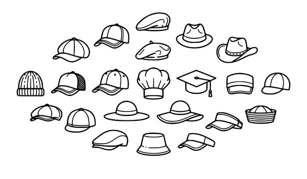 Diverse caps and hats thin line outline icon collection editable vector illustration