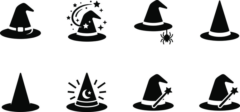  Witch hat icon set with magic wand stars spider silhouette elements for Halloween graphic design and festive web interfaces