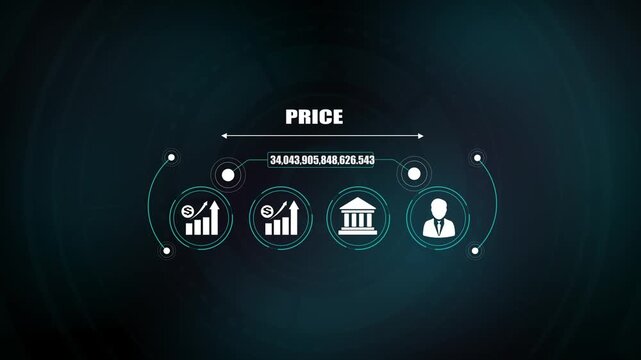 Financial price market valuation motion graphic, business investment growth concept, bank icon and idea symbol, corporate leader animation.