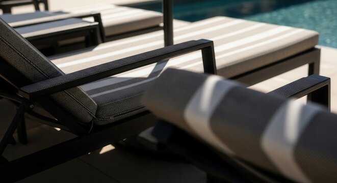Contemporary Lounge Chairs Beside A Refreshing Pool On A Sunny Day