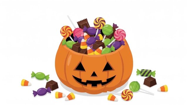 Halloween pumpkin bucket filling up with various colorful candies and chocolates on a white background. 2D vector animation of trick or treat sweets.