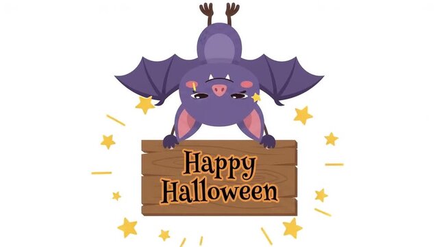Cute cartoon bat hanging upside down holding a wooden sign with Happy Halloween text, animated illustration isolated on white background