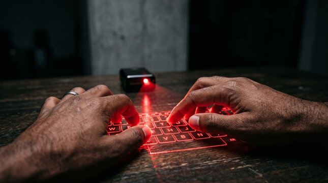 Person typing on a projected laser keyboard