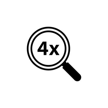 zoom icon isolated on white background, 4x magnifying glass zoom icon, magnifying glass with 4x zoom symbol black and white, 4x search and magnification icon isolated on white