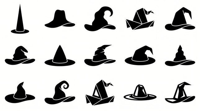 Black witch hats vector illustration collection isolated on white background