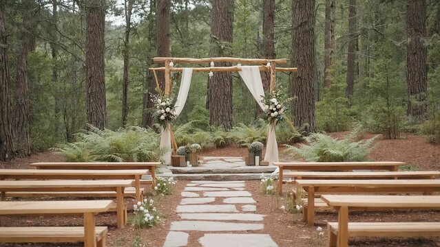 Forest wedding ceremony with wooden benches