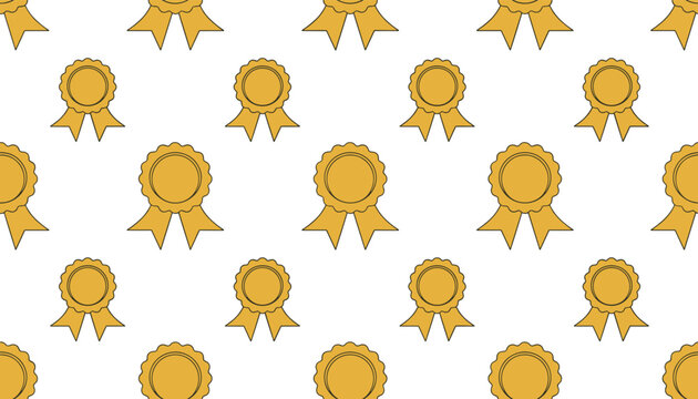 Repeating pattern of golden award ribbons with circular medals represents victory, achievement, and quality recognition on a white base.