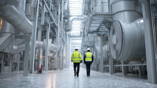 Engineers walking inside a large-scale biomass facility