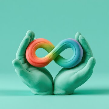 Two clay hands gently hold a matte rainbow infinity symbol against a mint green background to symbolize support and acceptance.