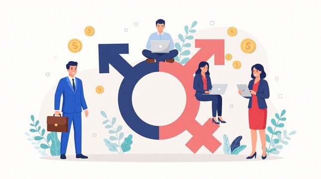 Professionals working with gender equality symbol