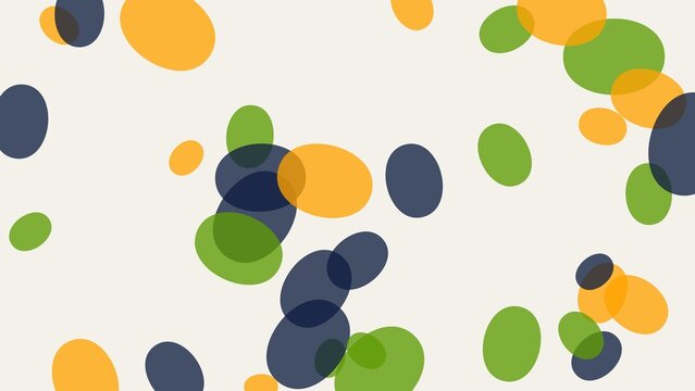 Abstract scattered oval pattern with overlapping transparent shapes in navy, orange, and green on beige background for modern design