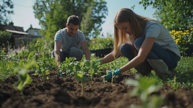 Family planting flower seedlings together in a flowerbed.