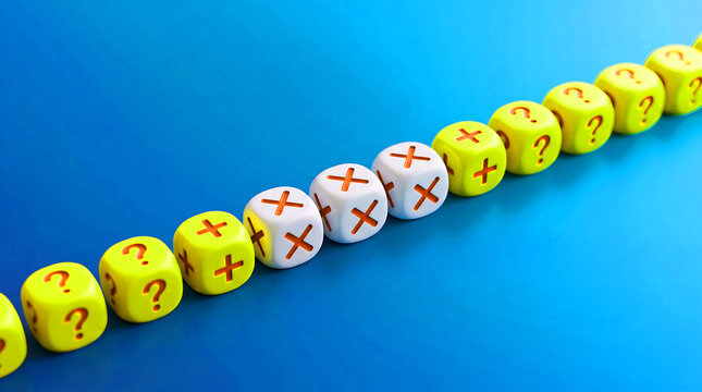 Colorful dice arranged showing question marks and multiplication symbols in sequence