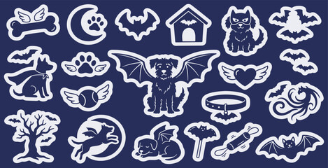 Fototapeta premium Halloween themed dog and cat icons with bats, bones, and spooky elements.