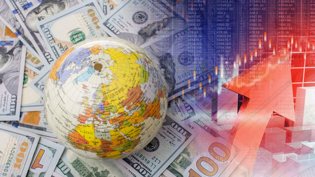 Global currency value appreciation and international financial market growth. The macroeconomic wealth stability and foreign exchange upturn; digital stock ticker dashboards, candlestick trading chart