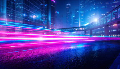 Obraz premium A futuristic city street at night featuring vibrant motion blur light trails in neon pink and blue. Nobody is present in this dynamic urban scene, conveying energy, speed, and modern technology.