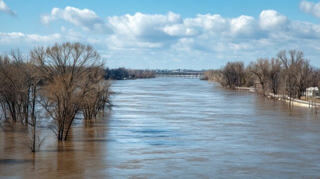 Flooded river with levee in the background