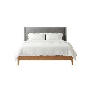 Modern wooden bed with grey upholstered headboard and white bedding