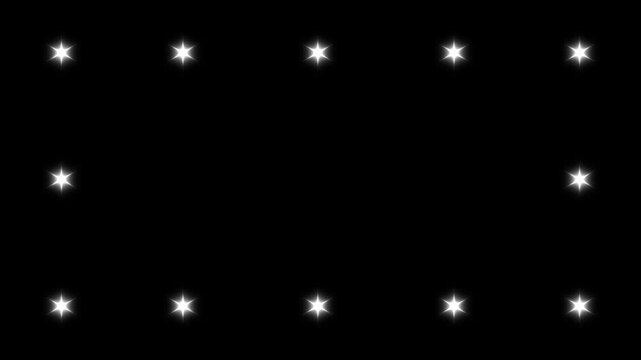 Cartoon star sparkle pop up animation, blinking glowing light trails for festive overlays and animated titles on black screen background, glitter shine effects, flat vector doodles 4K