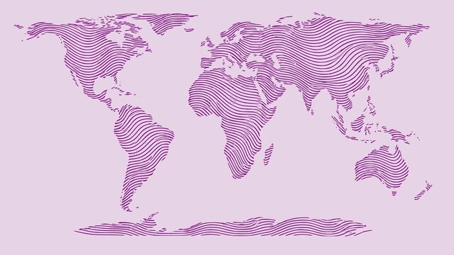 Modern purple wavy lines equal-area Gall-Peters world map vector illustration, abstract topographic contour line-art map isolated on pastel background