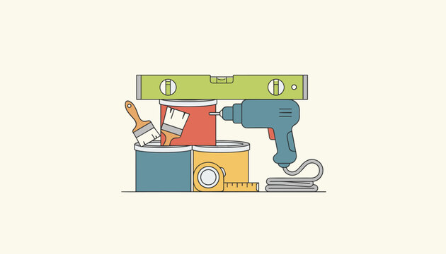 Detailed flat illustration of various home improvement and construction tools including paint cans drill level and tape.