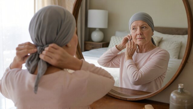 Elderly woman in headscarf looking in mirror while adjusting it. Elderly woman shows resilience in face of cancer, preparing to face the day with hope alongside ongoing fight against illness.