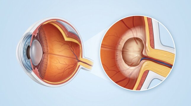 Glaucoma shown as eye overview with enlarged optic nerve damage detail in premium clinical CGI, isolated on clean pale blue background for clear ophthalmic patient education.