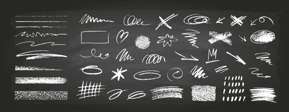 Hand drawn white chalk blackboard vector graphic elements set. Chalkboard texture effect background.