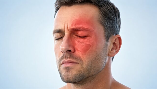 Sinus pain shown in premium minimal medical CGI with localized facial pressure around the cheek and forehead and restrained tissue emphasis on pale blue background.