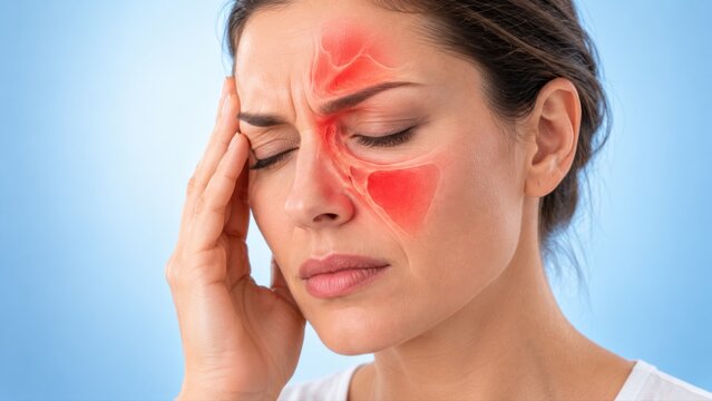 Sinus pain shown in premium minimal medical CGI with localized facial pressure around the cheek and forehead and restrained tissue emphasis on a clean pale blue background.