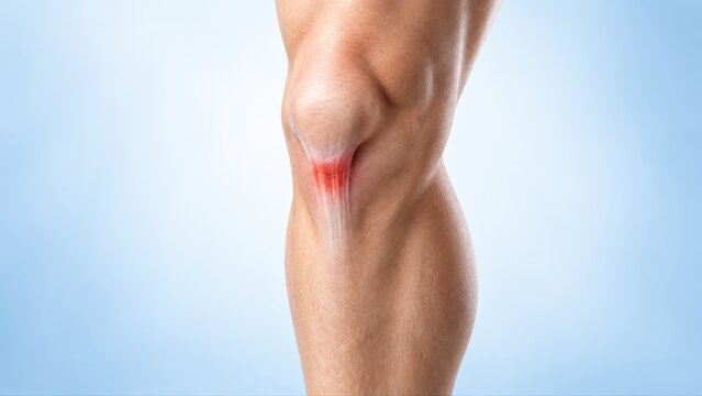 Patellar tendinopathy shown in premium minimal medical CGI with localized pain below kneecap and subtle tendon emphasis on clean pale blue medical background with copy space.
