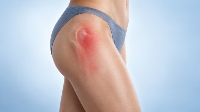 Trochanteric bursitis shown in premium minimal medical CGI with localized outer hip pain and subtle bursal tissue emphasis on clean pale blue medical background