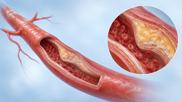 Atherosclerosis shown as artery overview with enlarged plaque narrowing detail in premium clinical CGI, isolated on clean pale blue background for clear cardiovascular education.